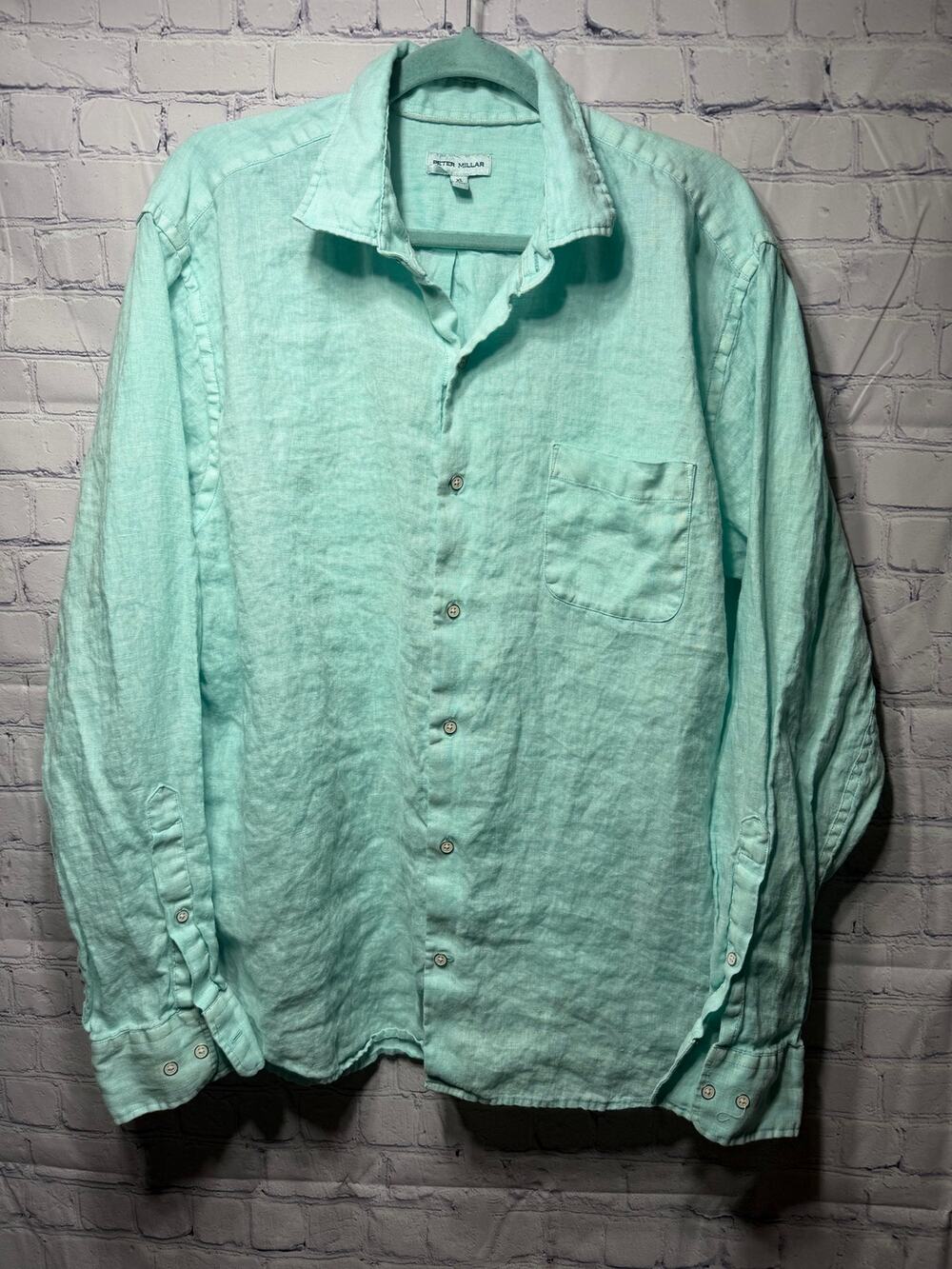 Peter Millar Mens Linen Button Down Shirt Green Blue Sz XL Lightweight Preppy